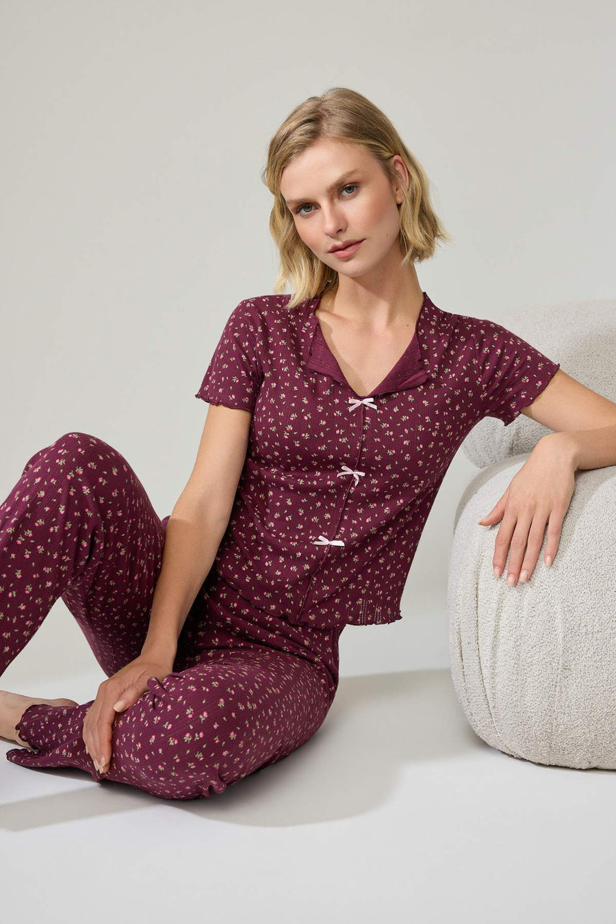 Plum 100% Cotton Floral Ribbon/Bow Ribbed/Pointelle Knit Pyjama Set