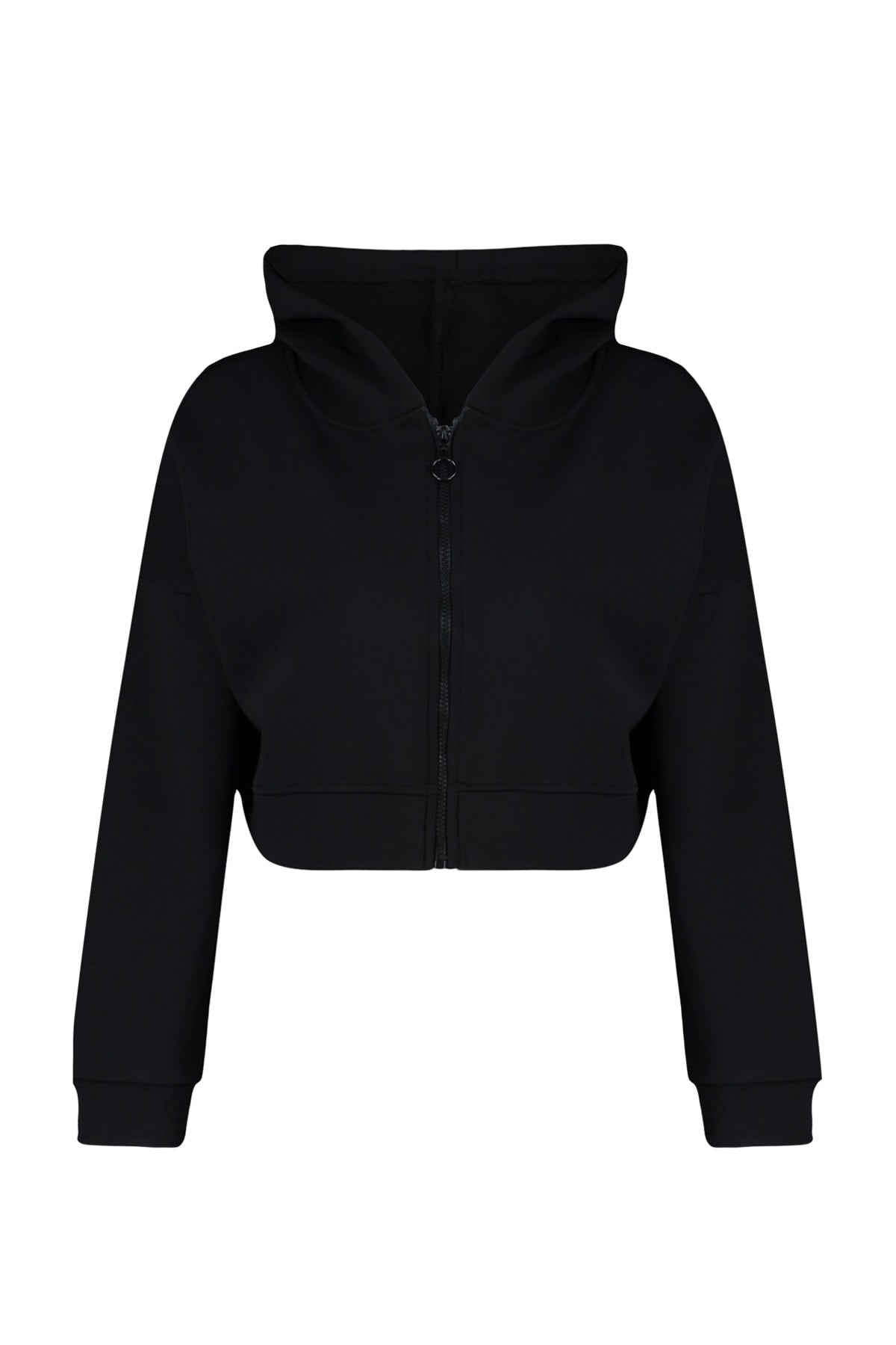 Black Basic Zipped Hooded Cropped Thick Fleece-Lined Knit Cardigan/Sweatshirt