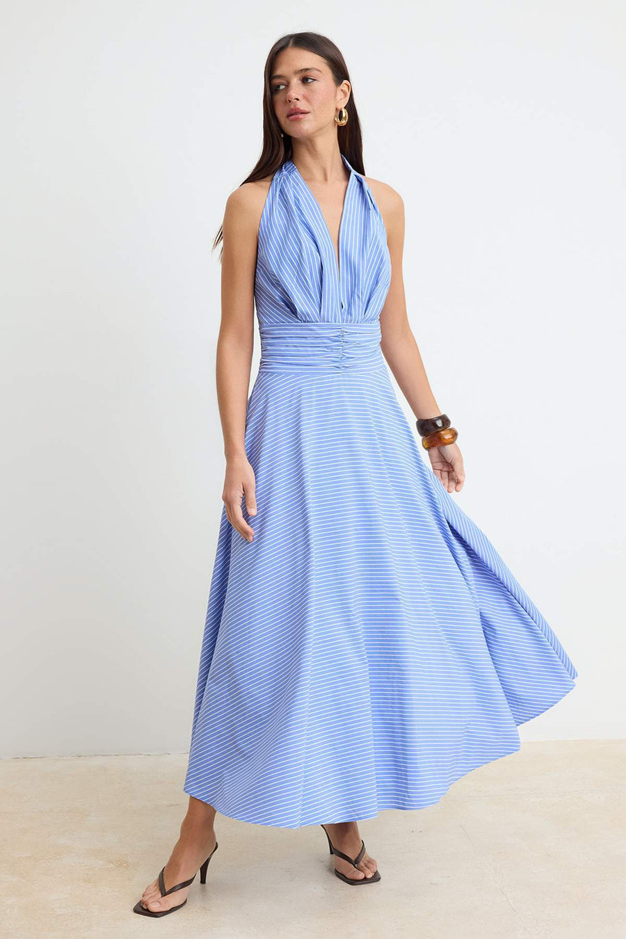 Light Blue Low-Cut Neck-Tie Poplin Lined Woven Dress