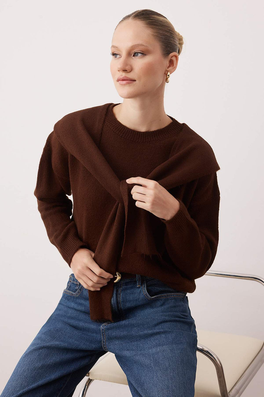 Brown Soft Textured Relaxed Fit Shawl Knitwear Jumper