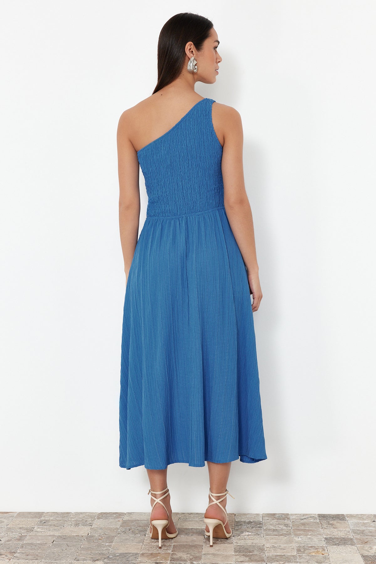 Sax Blue Boned Bodice One Shoulder Waist-Flared Midi Woven Dress
