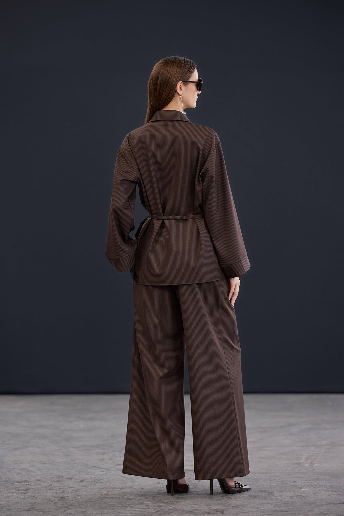 Brown Extra Wide Leg Striped Trousers