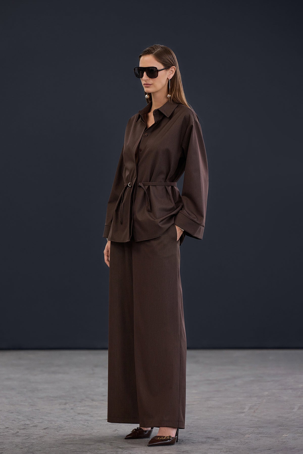 Brown Extra Wide Leg Striped Trousers