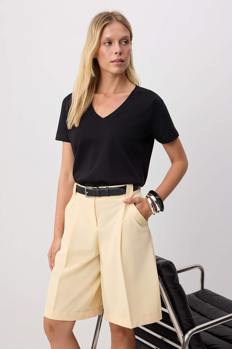 Black plain oversized V-neck standard sleeve short interlock knit t-shirt