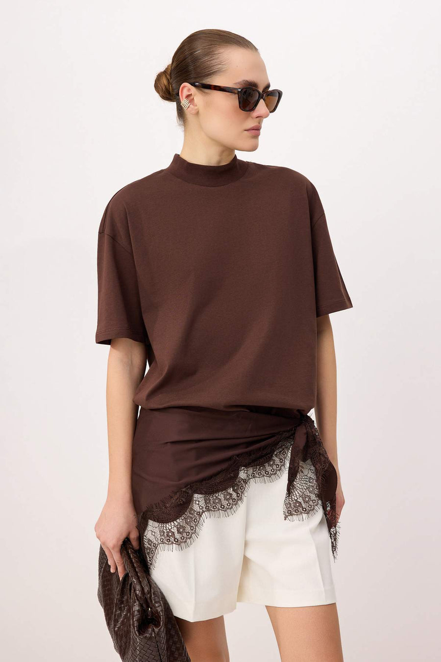 Brown 100% Thick Cotton Stand Collar Three-Quarter Sleeve Knit T-Shirt