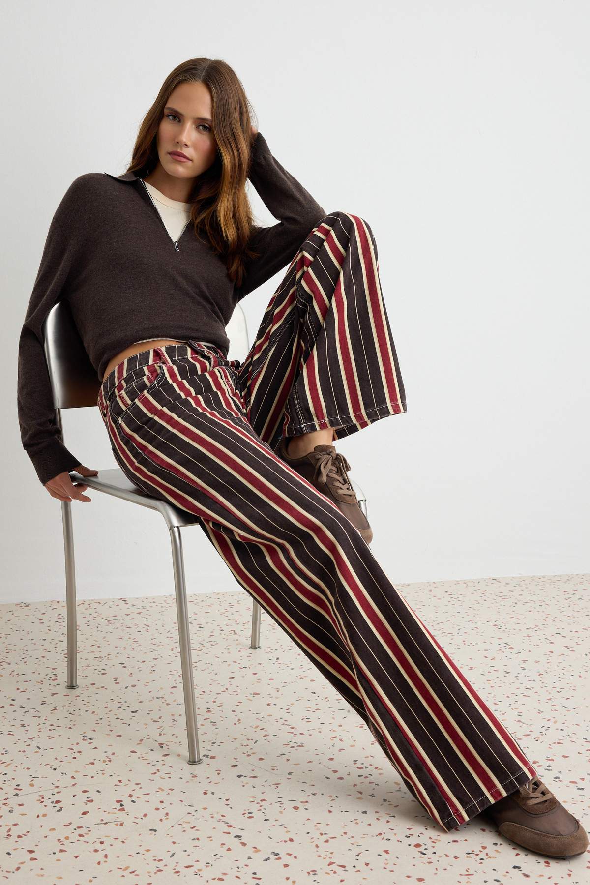 Multicolour Striped Normal Waist Wide Leg Jeans