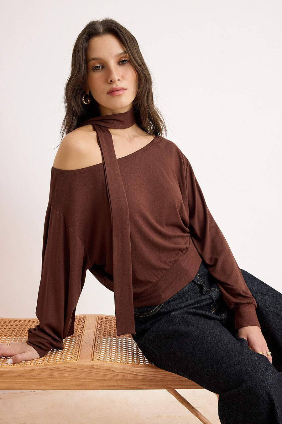 Brown Plain Off-Shoulder Shawl Accessory Detail Regular Fit Knit Blouse