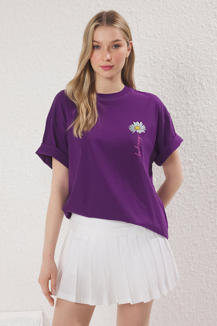 Purple 100% cotton oversized relaxed fit printed knit t-shirt