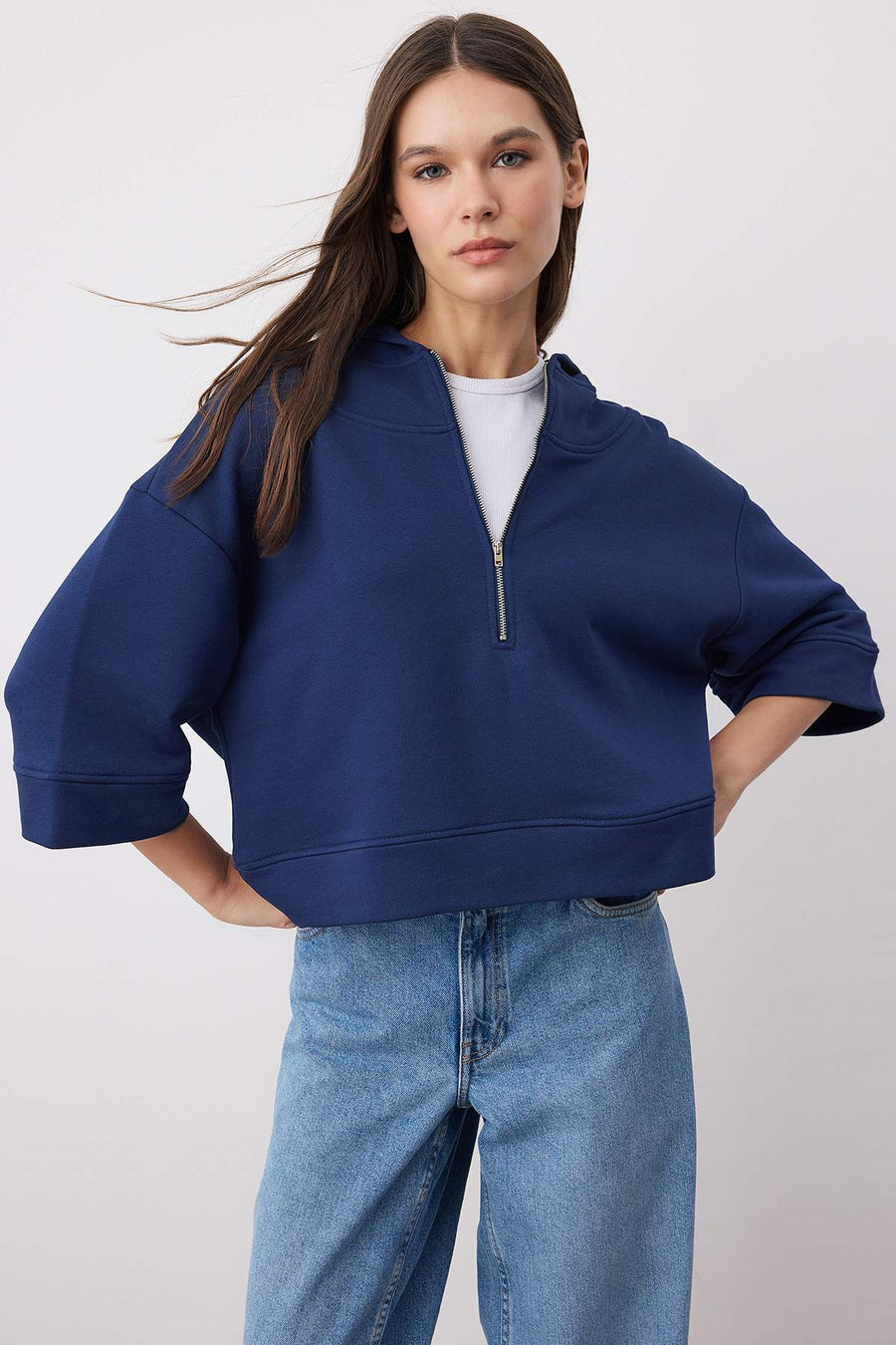 Navy Hooded Zip Detail Three-Quarter Sleeve Thick Knit Sweatshirt