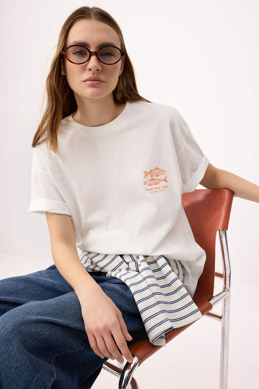 Ecru Printed Oversized Crew Neck Drop Shoulder Short Long 100% Cotton Knit T-Shirt