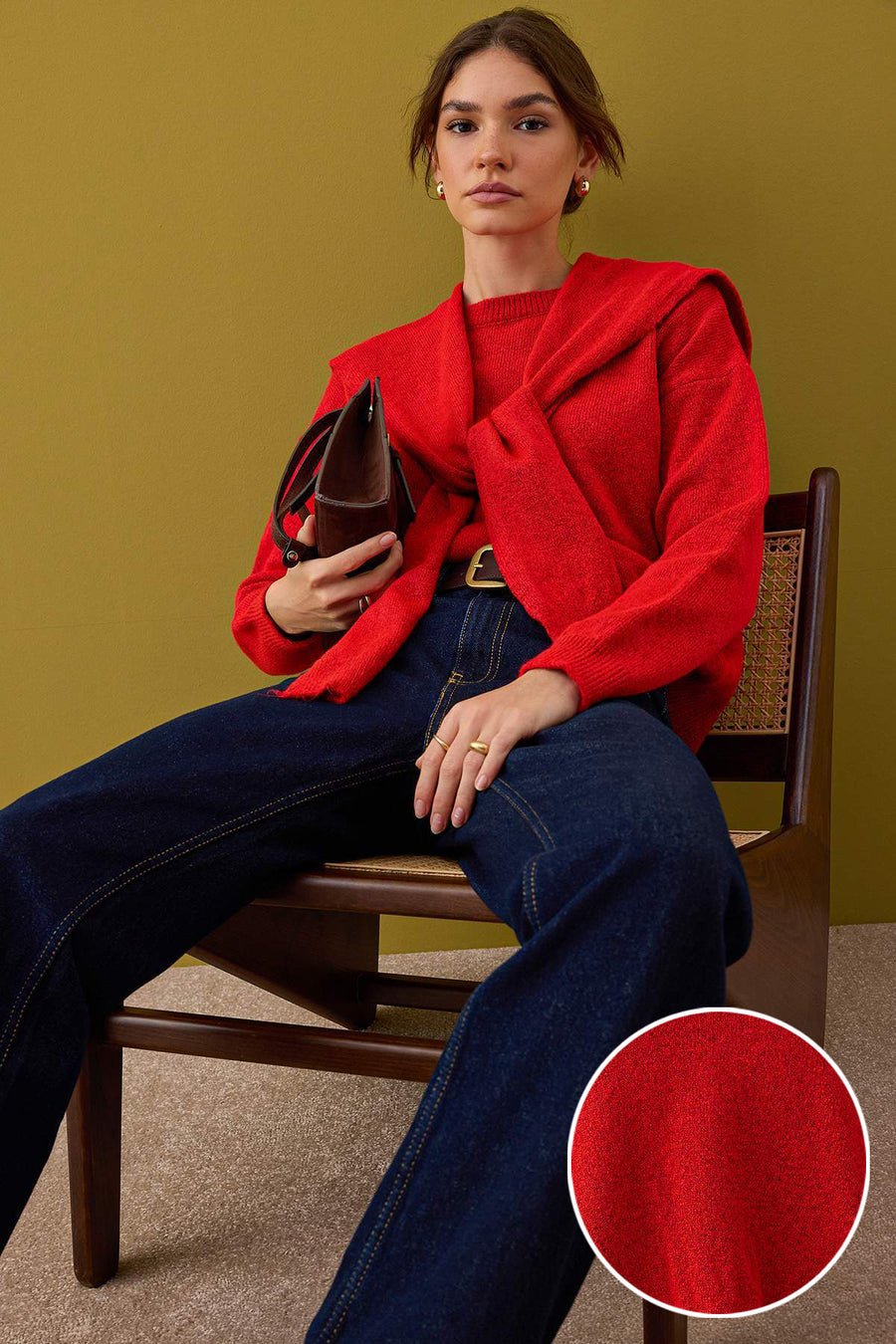 Red Soft Textured Relaxed Fit Shawl Knitwear Jumper