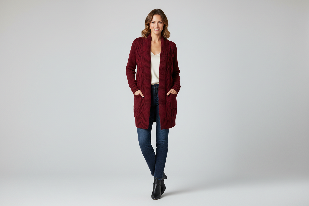 women cardigan burgundy on model