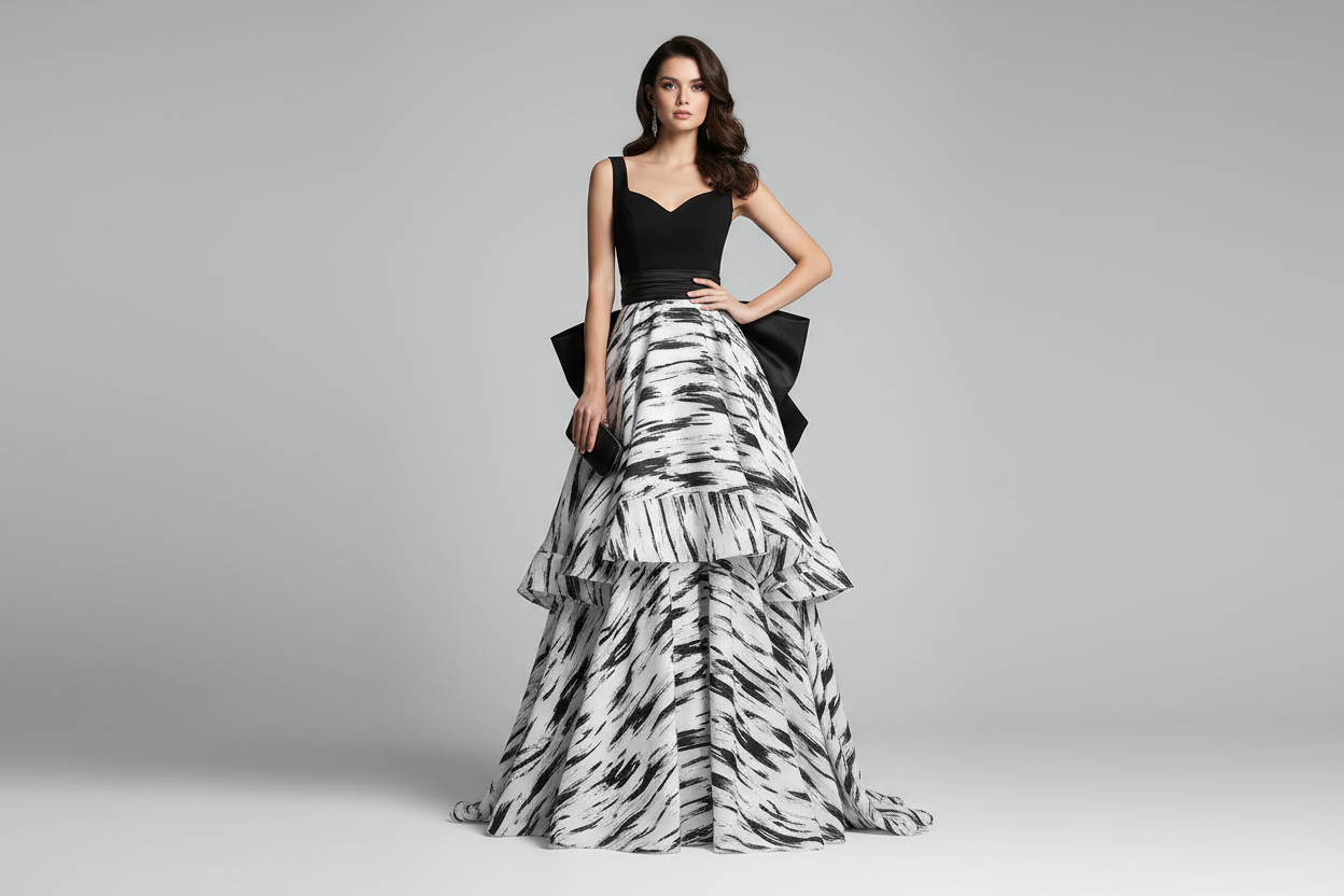 women dress black and white with model